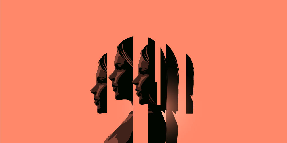 an image of a woman's face looking sideways is sliced in six equal pieces