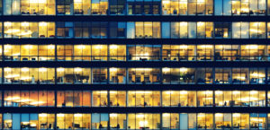 Office workers working late in major office building