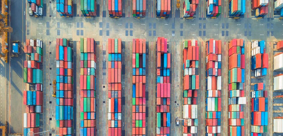 Aerial view of cargo ship, cargo container in warehouse harbor at Thailand.